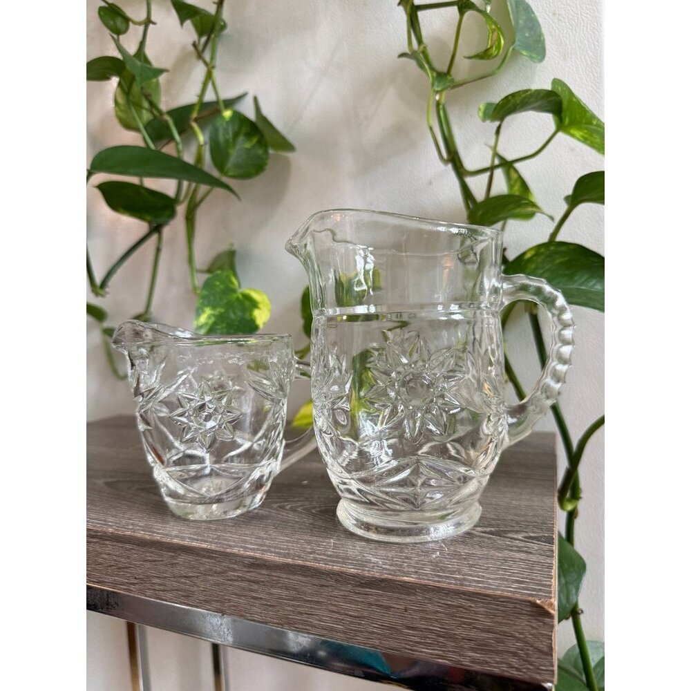 Vintage Clear Glass Creamer and Sugar Set with Starburst Pattern
